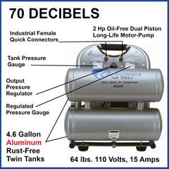2HP 4.6 Gallon Oil-Free Twin Aluminum Tank Air Compressor