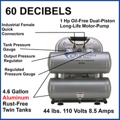 1HP 4.6 Gallon Oil-Free Twin Portable Aluminum Tank Air Compressor
