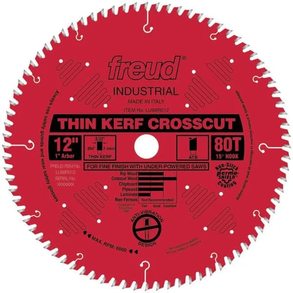LU88R012 Thin Kerf Fine Finishing Blade 12" x 1" Bore x 80 Tooth ATB Thin Kerf