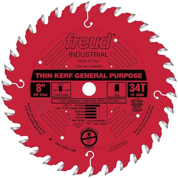 LU86R008 Industrial Thin Kerf General Purpose Blade with Red Perma-Shield, 8" diameter, 5/8" a