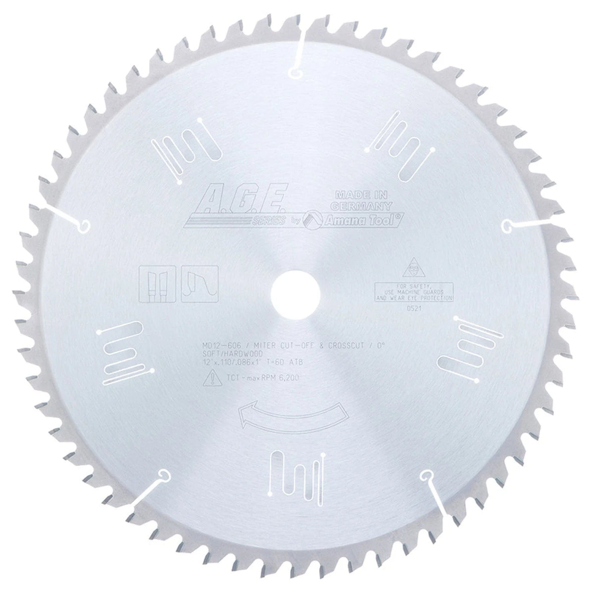 12" x 60T Carbide Tipped, Thin Kerf Finishing Cut-Off and Crosscut Blade, 0 Deg., 1" Bore, ATB