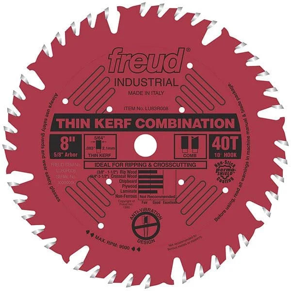 LU83R008 Industrial Thin Kerf Combination Blade with Red Perma-Shield, 8" diameter, 5/8" arbor