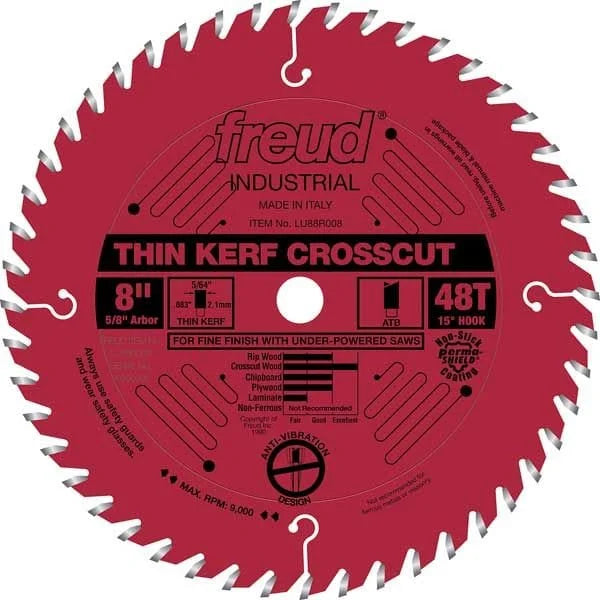 LU88R008 Industrial Thin Kerf Fine Finishing Crosscut Blade with Red Perma-Shield, 8" diameter