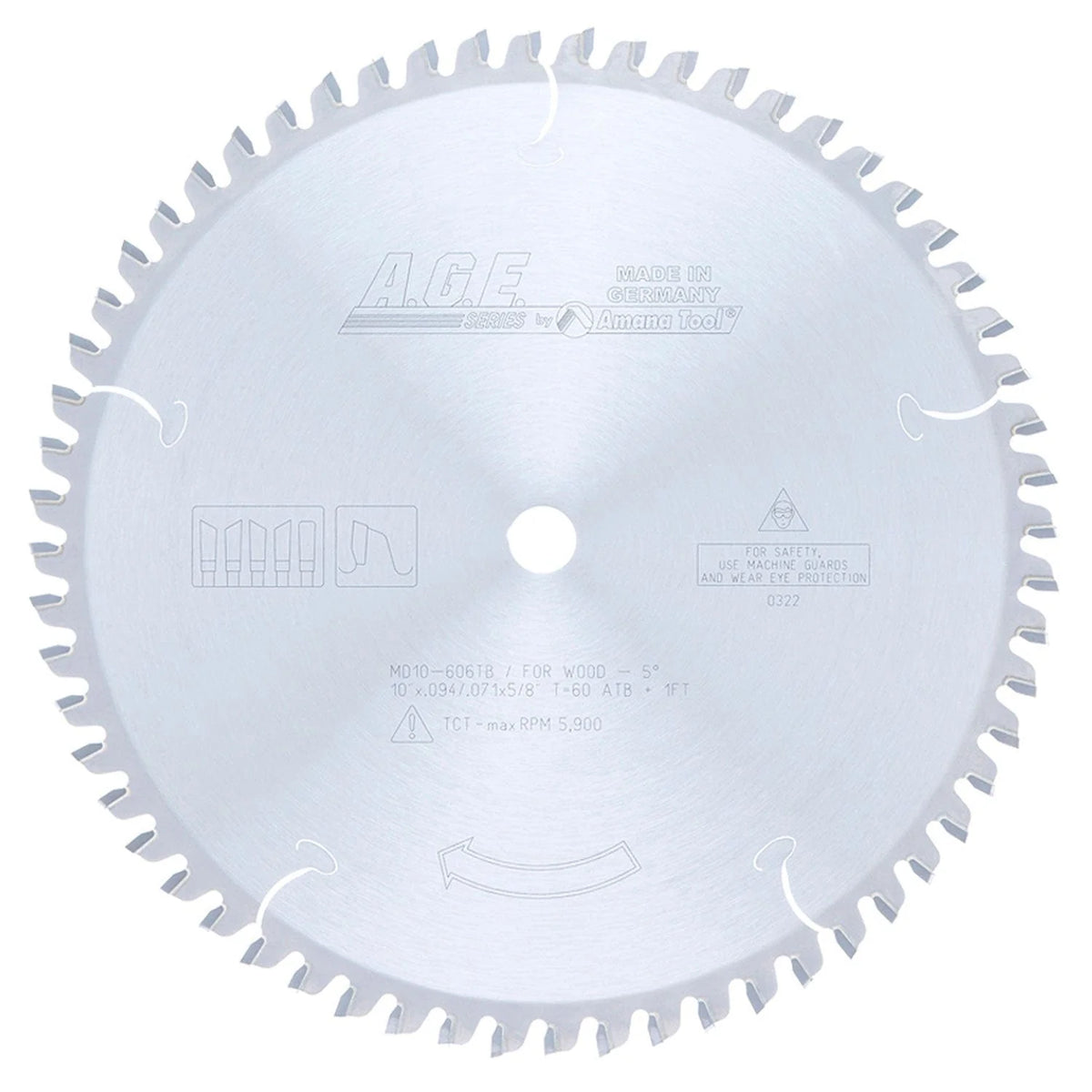10" x 60T Carbide Tipped Thin Kerf Sliding Compound, Miter and Radial ArmBlade, Negative 5 Deg., 5/8" Bore, ATB