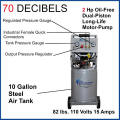 2HP 10 Gallon Oil-Free Steel Tank Air Compressor - Ultra Quiet