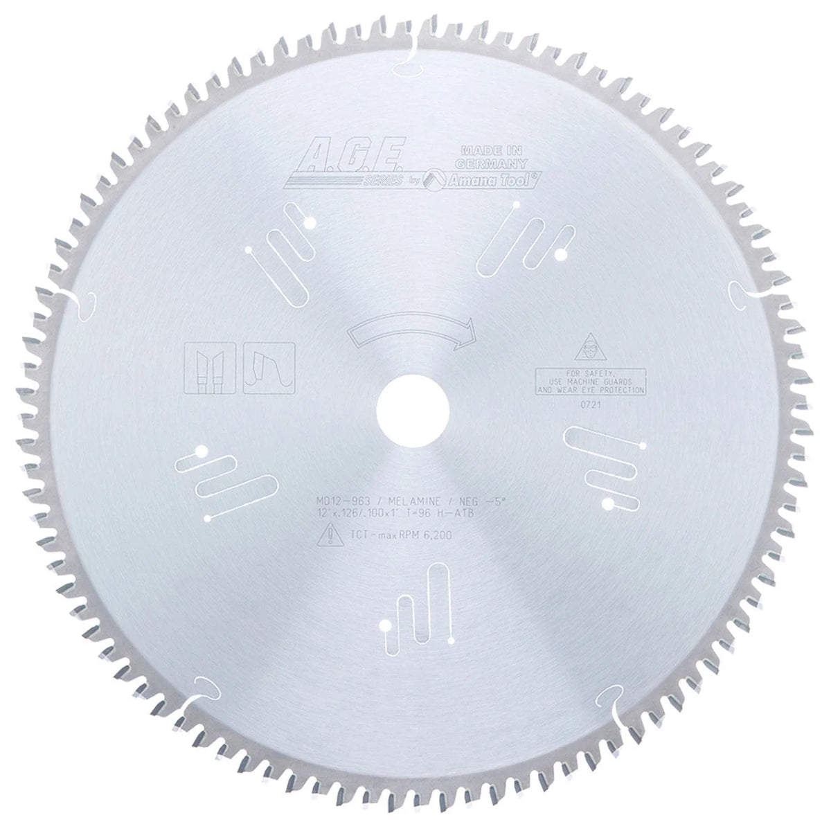 12" x 96T Carbide Tipped, Double-Face Melamine and Laminate Blade, Neg. 0 Deg., 1" Bore, H-ATB