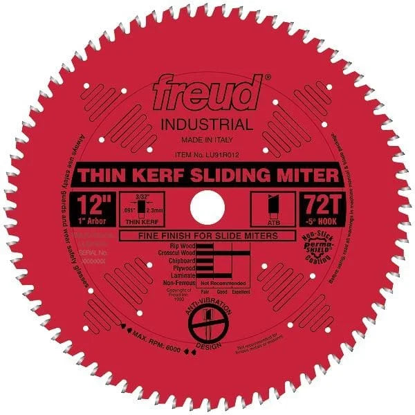 LU91R012 Sliding Compound Miter Saw Blade 12" x 1" Bore x 72 Tooth ATB