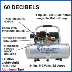 1HP 2 Gallon Oil-Free Aluminum Tank Air Compressor - Ultra Quiet