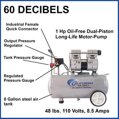8010 Ultra Quiet and Oil-Free 1.0 HP, 8 Gal. Steel Tank Air Compressor