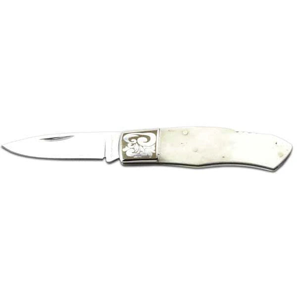 White Bone Lock Back Knife with Decorative Bolster, Model SK-703